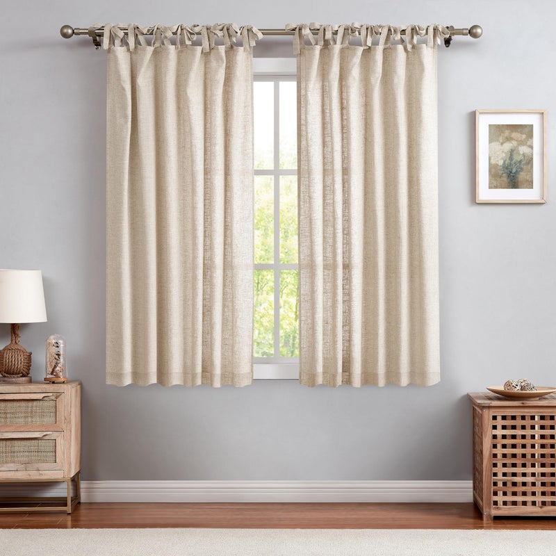 Central Park Linen Tie Top Curtain Semi Sheer Window Treatment Linen Cotton Blend Decorative for Living Room Drape 63 Inch Length Treatment for Bedroom Farmhouse Rustic Curtain, Linen, 1 Panel - Image 1